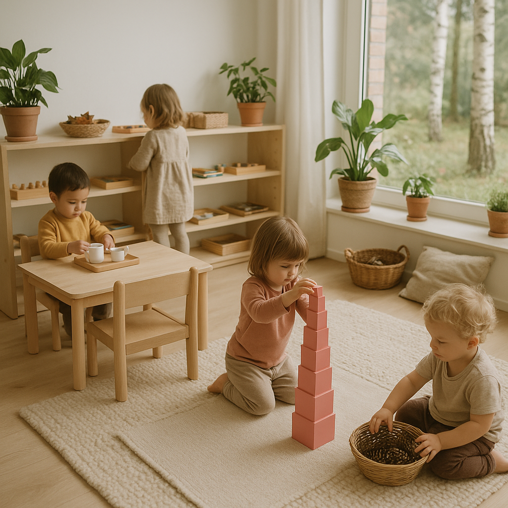 Kinder spielen mit Montessori-Material in einem hellen Kita-Raum im skandinavischen Stil mit Blick in den Garten