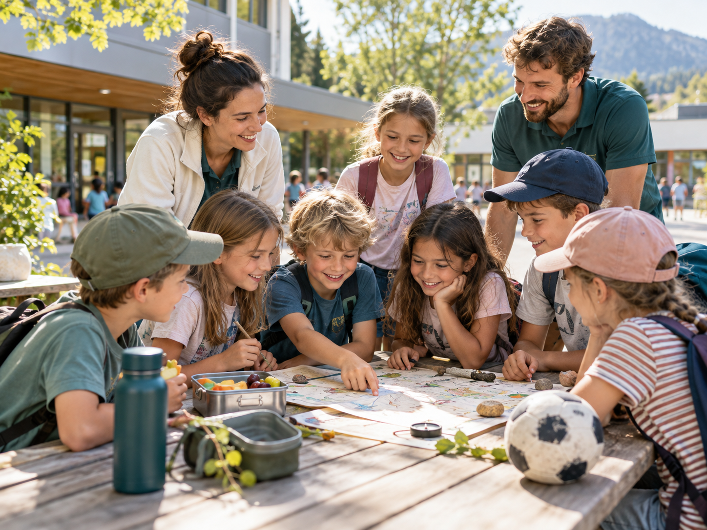 Kinder und zwei Betreuungspersonen beugen sich an einem Holztisch im Freien lachend &uuml;ber eine selbst gezeichnete Schatzkarte