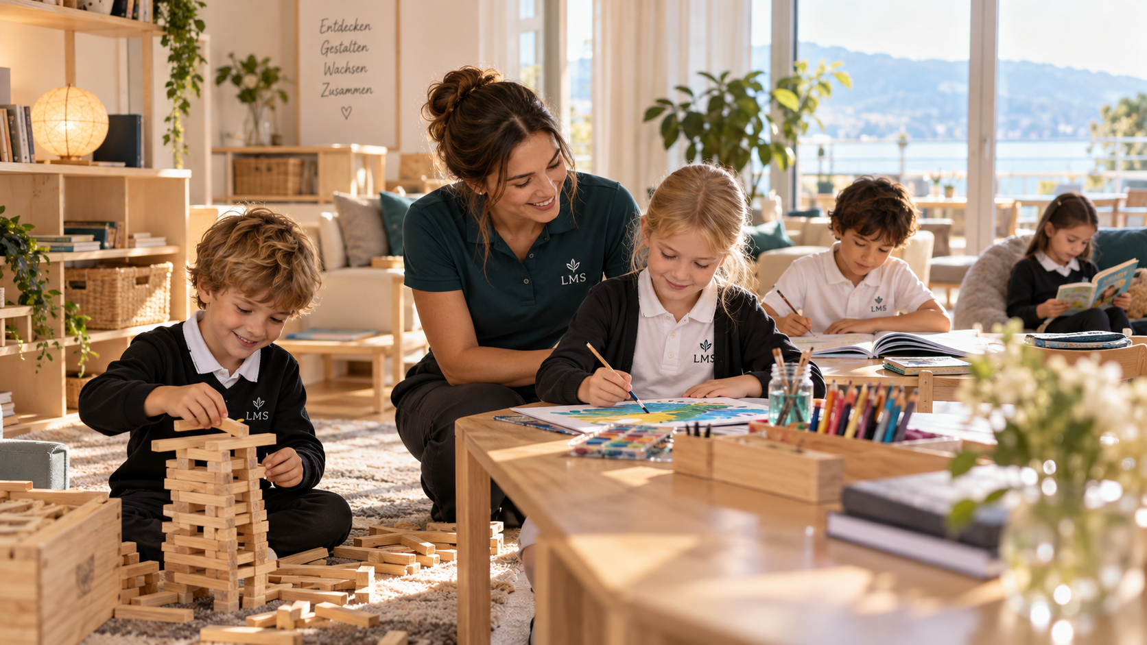 Kinder im Hort: ein Kind erledigt konzentriert Hausaufgaben, eines baut mit Konstruktionsmaterial, eines malt