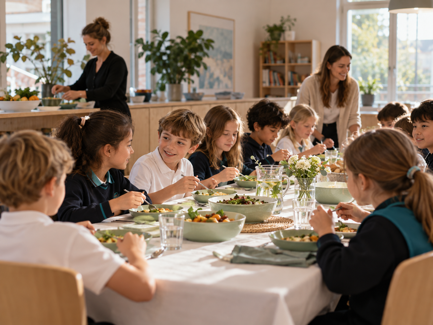 Kinder beim gemeinsamen Mittagessen am weiss gedeckten Tisch, im Hintergrund zwei Betreuungspersonen