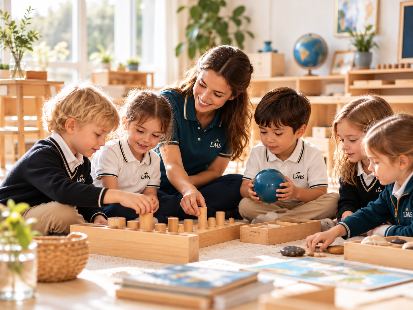 Kindergartenkinder entdecken mit einer Lernbegleiterin Montessori-Materialien in einem hellen Raum