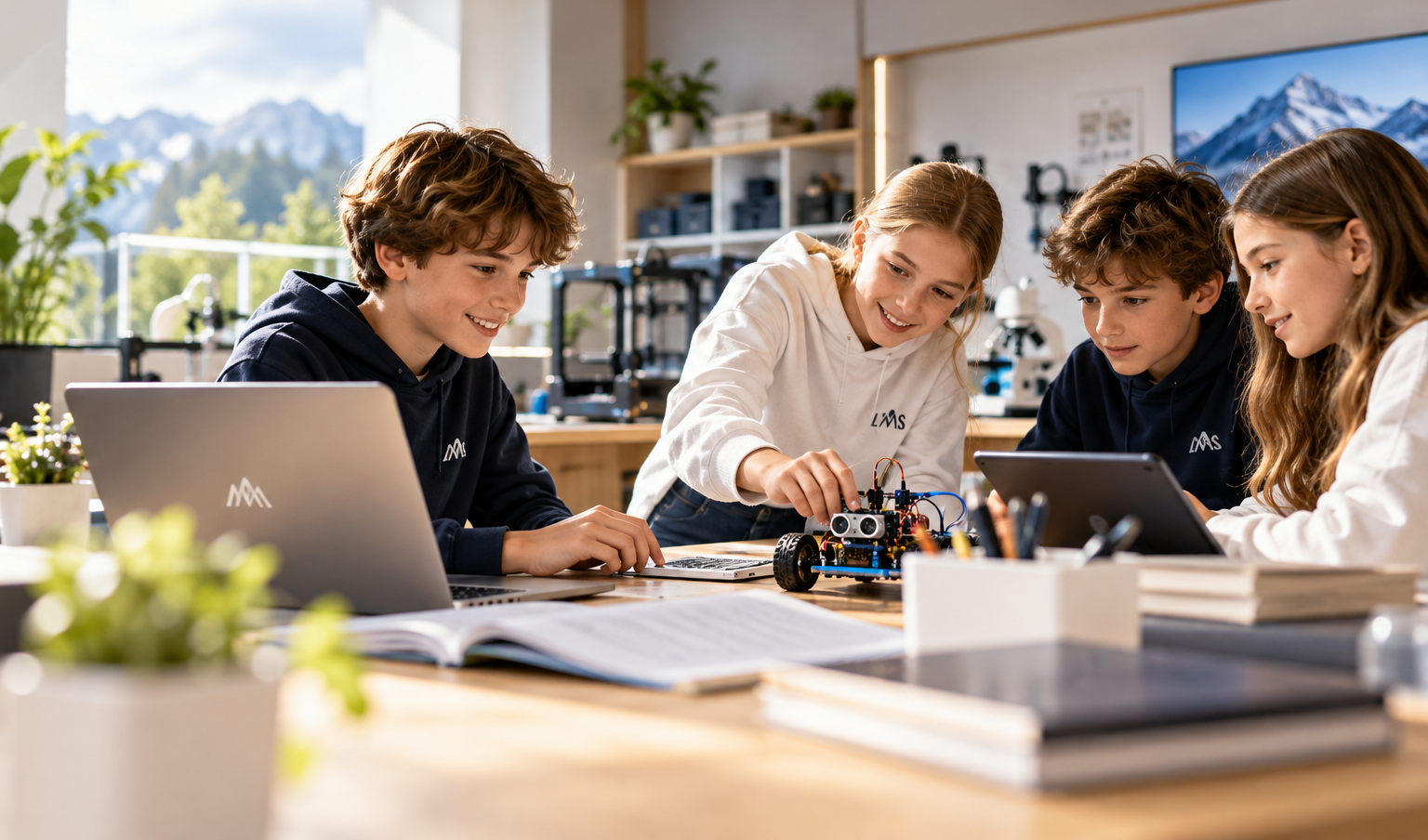 Sch&uuml;lerinnen und Sch&uuml;ler arbeiten im MINT-Labor der LMS Bildungswelt an einem Robotik-Projekt