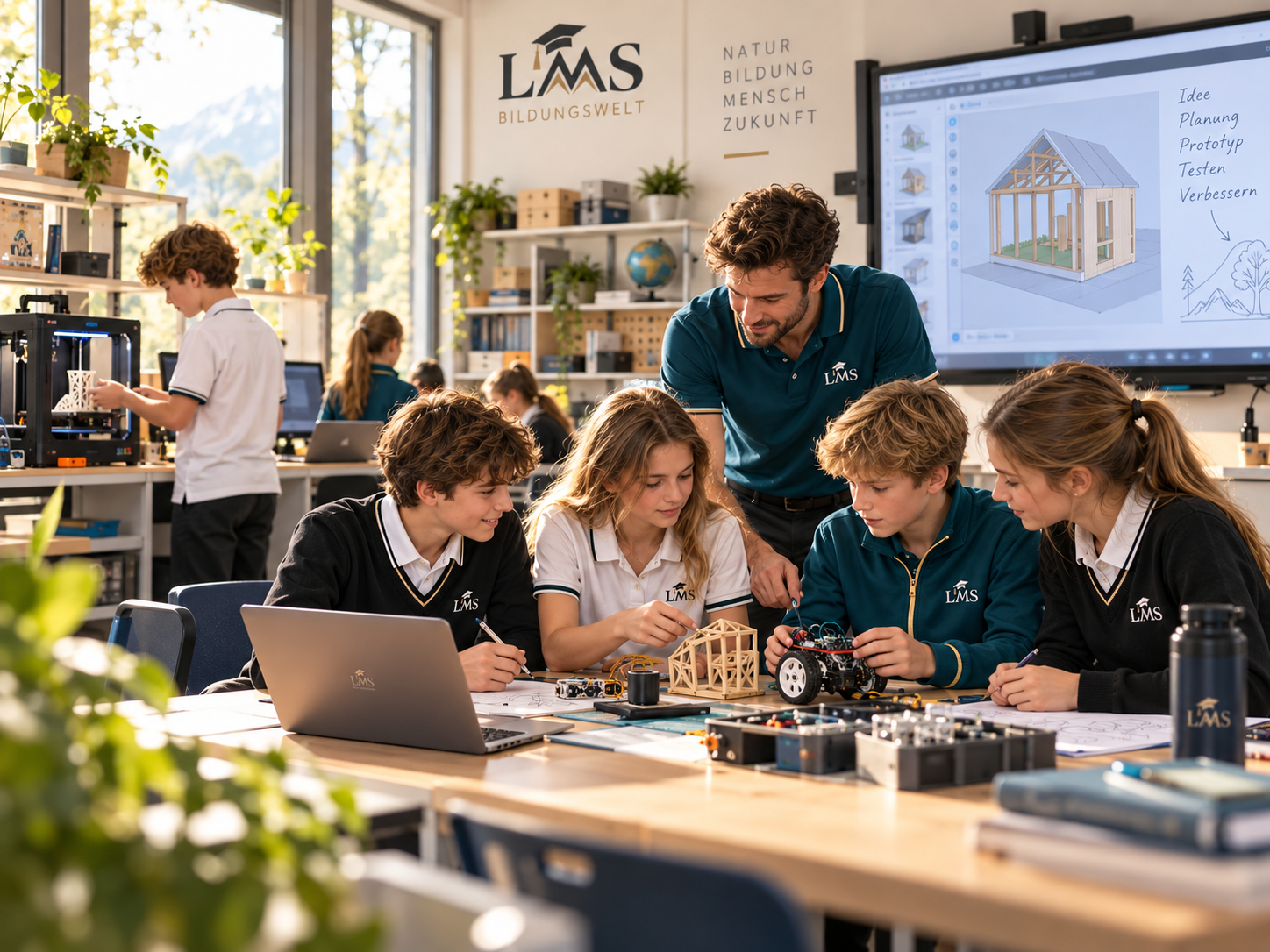 Sch&uuml;lerinnen und Sch&uuml;ler in LMS-Schulkleidung bauen mit einer Lehrperson an einem Roboter und einem Holzmodell, im Hintergrund ein 3D-Drucker und ein digitales Board