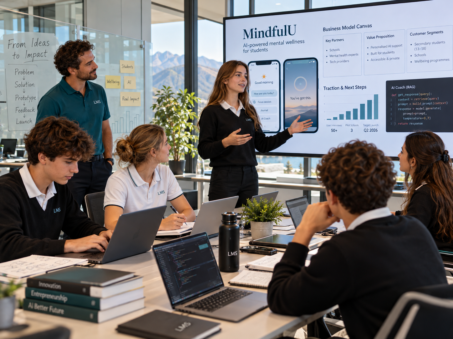 Eine Jugendliche in LMS-Schulkleidung pr&auml;sentiert ihr Projekt vor der Klasse, eine Lehrperson und Mitsch&uuml;lerinnen und Mitsch&uuml;ler h&ouml;ren zu und arbeiten an Laptops