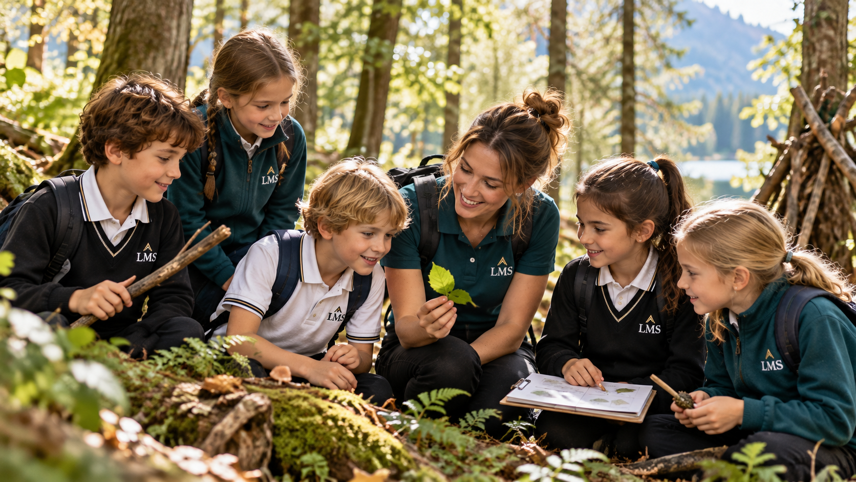 Kinder in LMS-Schulkleidung entdecken mit einer Lernbegleiterin Bl&auml;tter und Pflanzen im Wald